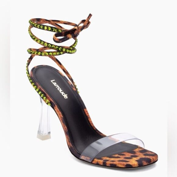 NEW Larroude Disco Gloria Leopard-Print Cheetah Wrap Sandal 7 - Picture 1 of 8